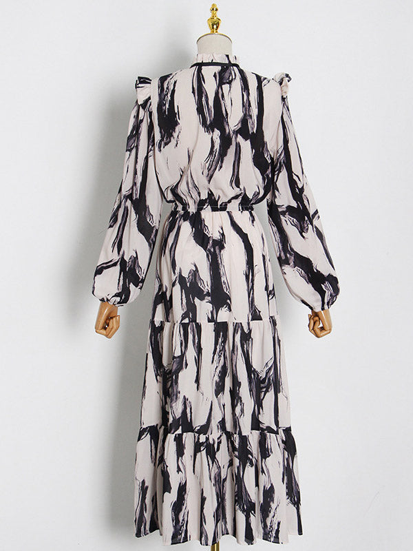 Elasticity Hollow Printed Split-Joint Tied Long Sleeves Loose Mock Neck Midi Dresses