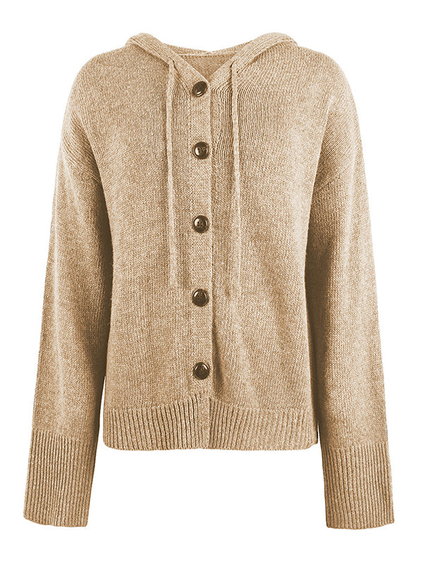 Wrap Buttoned Hooded Solid Color Cardigan