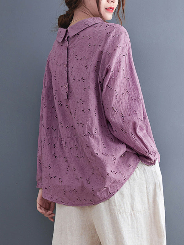 Loose 3 Colors Embroidered Hollow Lapel Collar Long Sleeves T-Shirt