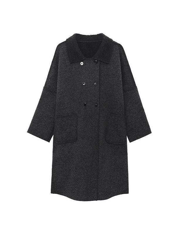 Buttoned Pockets Solid Color Velvet Long Sleeves Loose Lapel Woolen Coat