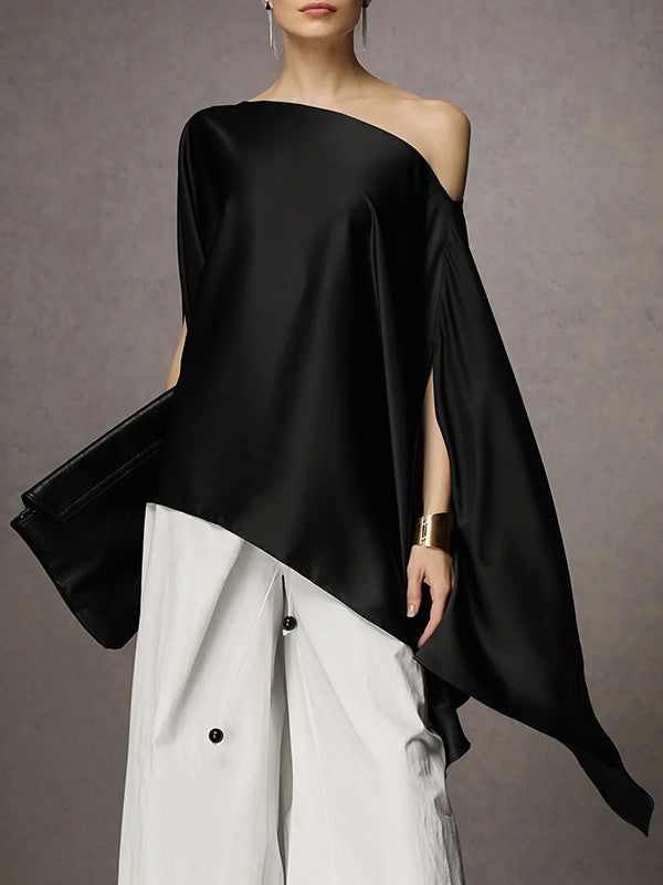 Asymmetric Solid Color Batwing Sleeves Loose One-shoulder Blouses&shirts Tops