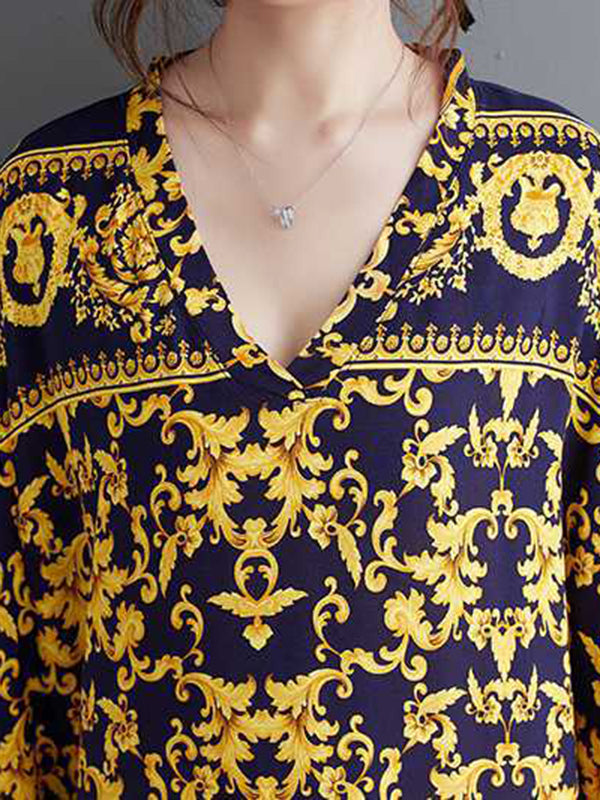 Printed A-Line Batwing Sleeves V-Neck Maxi Dresses