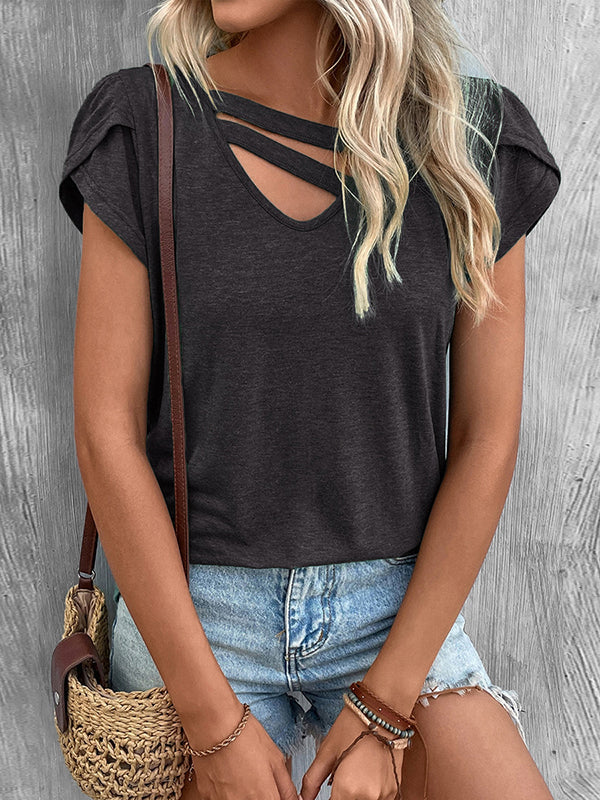 Solid Color Loose Short Sleeves V-neck T-Shirts Tops