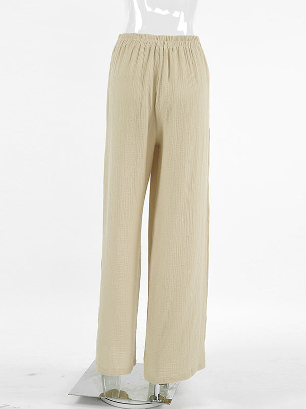 Drawstring Elasticity Solid Color Split-side High Waisted Loose Trousers Pants