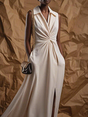 Pleated Pockets Solid Color Split-Front Loose Sleeveless Lapel Maxi Dresses