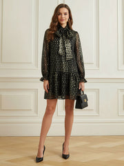 Long Sleeves Puff Sleeves Pleated Polka Dot Shiny Split-Joint High Neck Mini Dresses