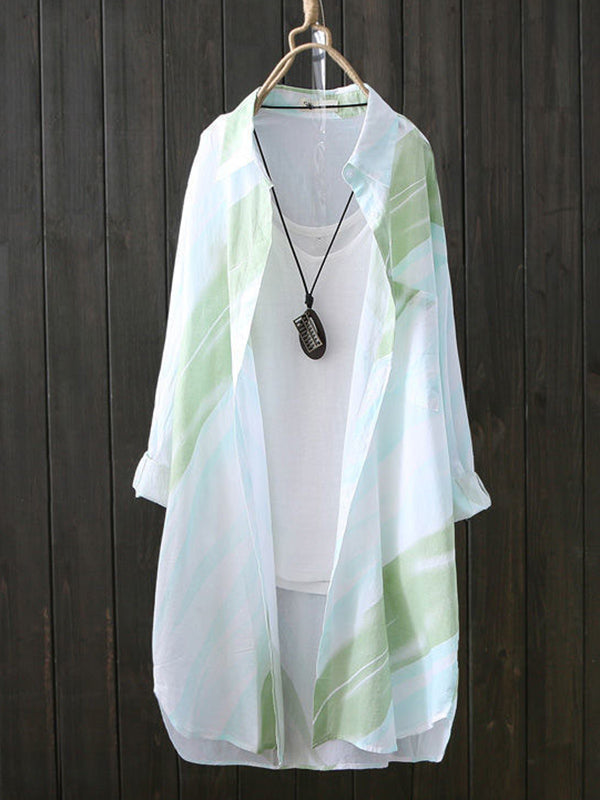 Printed See-Through Long Sleeves Loose Lapel Shirts Tops