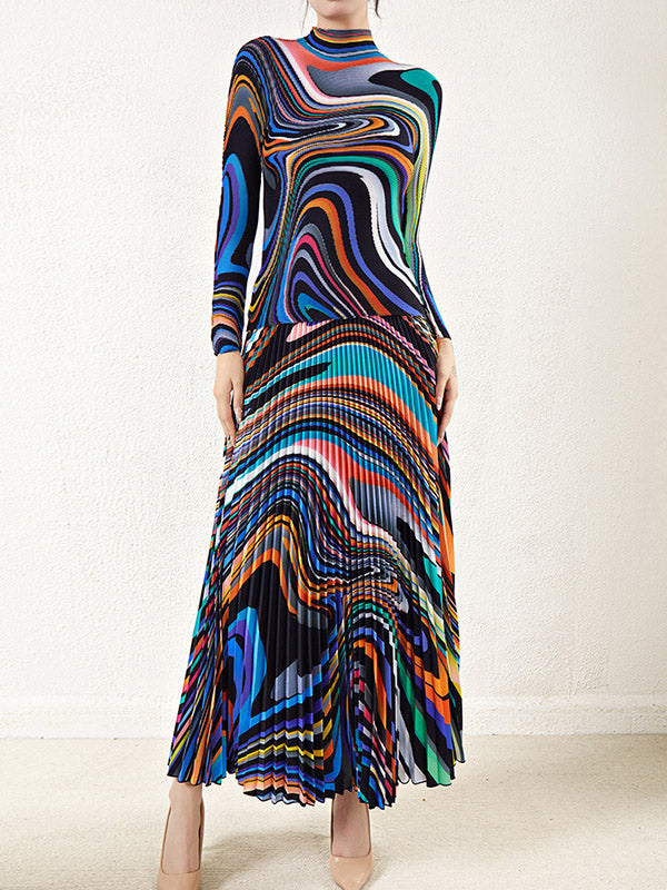 Pleated Long Sleeves Contrast Color Mock Neck T-Shirt Top + Printed A-Line Skirts Bottom Two Pieces Set