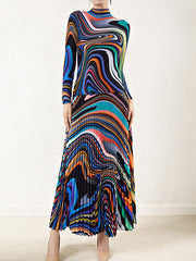 Pleated Long Sleeves Contrast Color Mock Neck T-Shirt Top + Printed A-Line Skirts Bottom Two Pieces Set