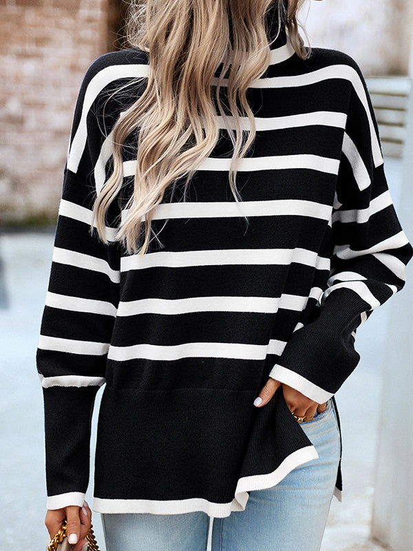 Contrast Color Split-Side Striped Long Sleeves Loose High Neck Sweater Tops Pullovers