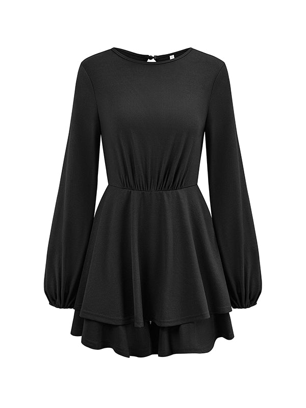 Elasticity Hollow Pleated Solid Color Long Sleeves Puff Sleeves Round-Neck Rompers