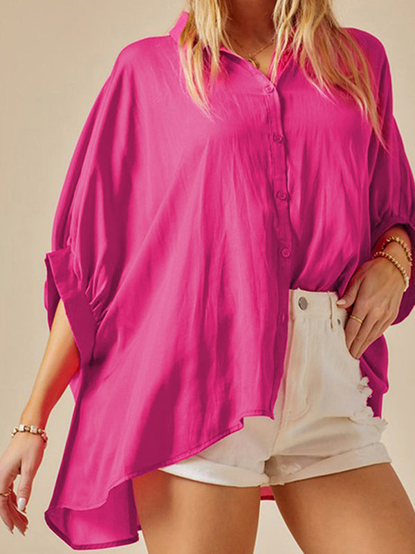 Pleated Split-Front Split-Joint Batwing Sleeves Half Sleeves Lapel Blouses