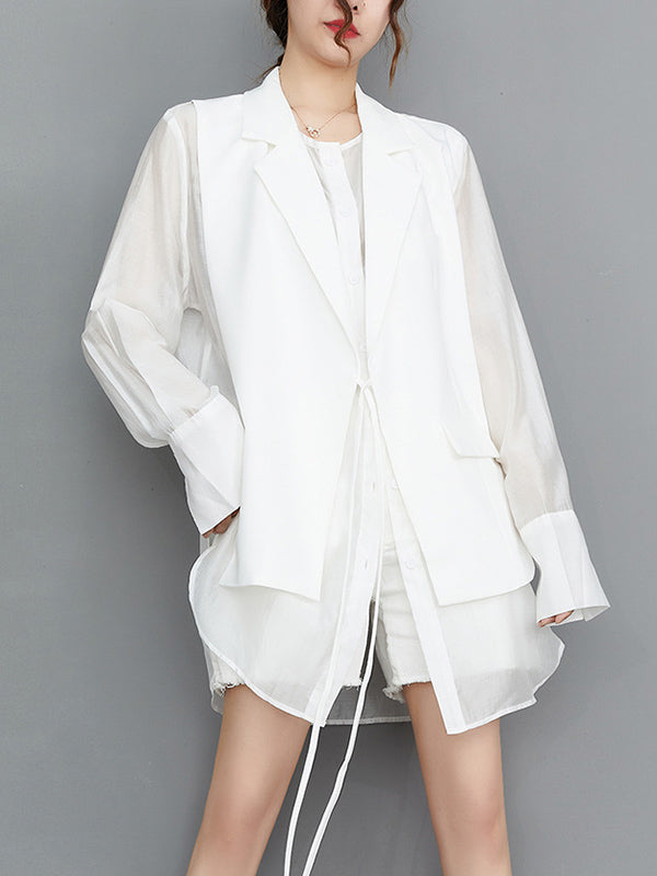 Buttoned Mesh Pockets Solid Color Split-Joint Sun Protection Tied Waist False Two Long Sleeves Notched Collar Outerwear Blazer