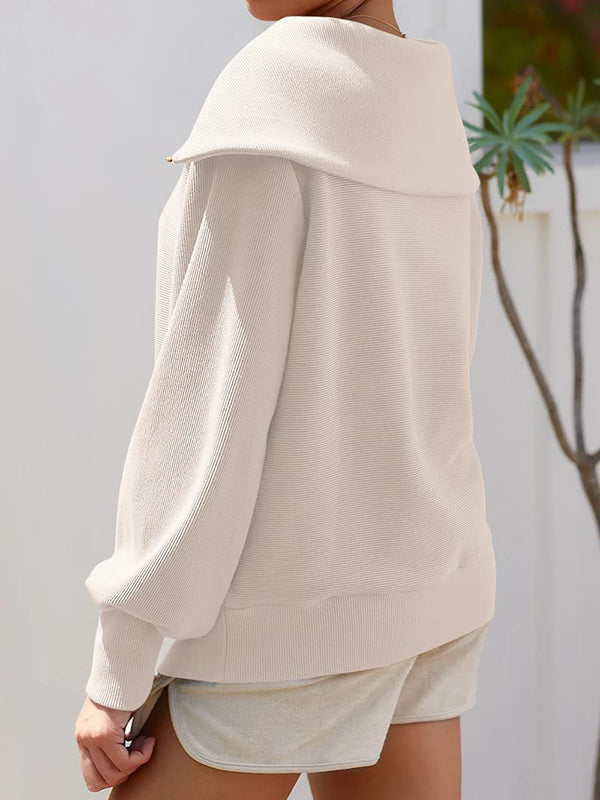 Solid Color Zipper Long Sleeves Loose Lapel Sweatshirt Tops