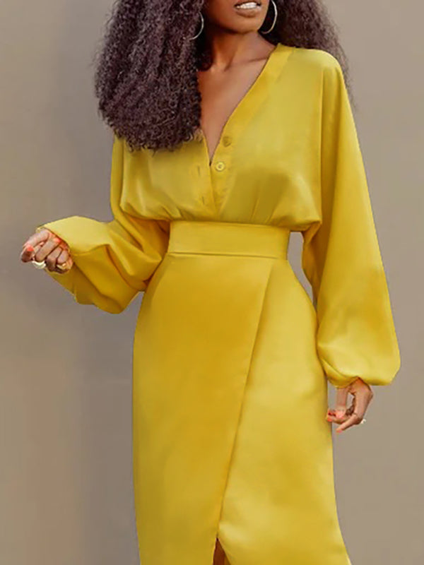 Buttoned Solid Color Long Sleeves Loose V-Neck Blouses&Shirts Tops