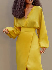 Buttoned Solid Color Long Sleeves Loose V-Neck Blouses&Shirts Tops