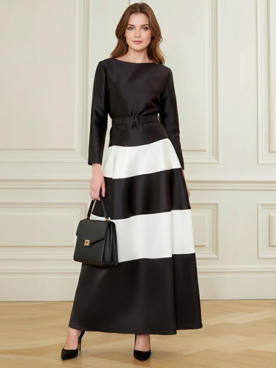 Belted Contrast Color Split-Joint A-Line Bodycon Round-Neck Maxi Dresses