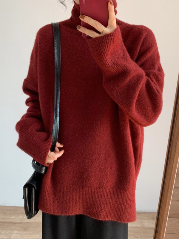 Solid Color Split-Joint Split-Side Long Sleeves Loose High Neck Sweater