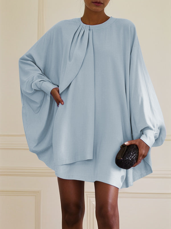 Pleated Solid Color Batwing Sleeves Long Sleeves Round-neck Mini Dresses