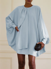 Pleated Solid Color Batwing Sleeves Long Sleeves Round-neck Mini Dresses