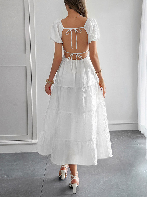 Backless Pleated Solid Color Tied A-Line Loose V-Neck Midi Dresses