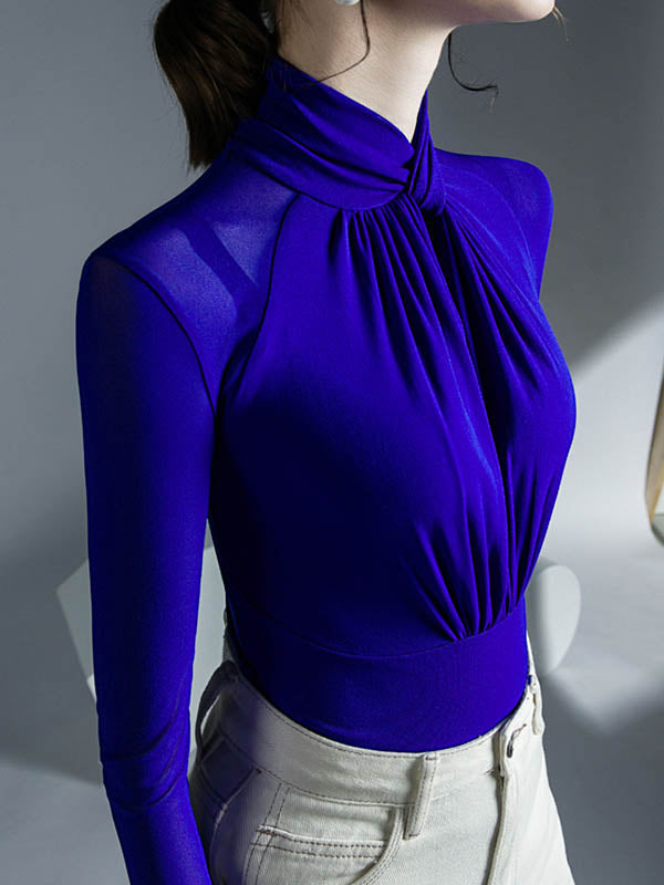 Hollow Mesh Pleated See-Through Solid Color Twist Long Sleeves Plus Size Half Turtleneck Blouses&Shirts Tops