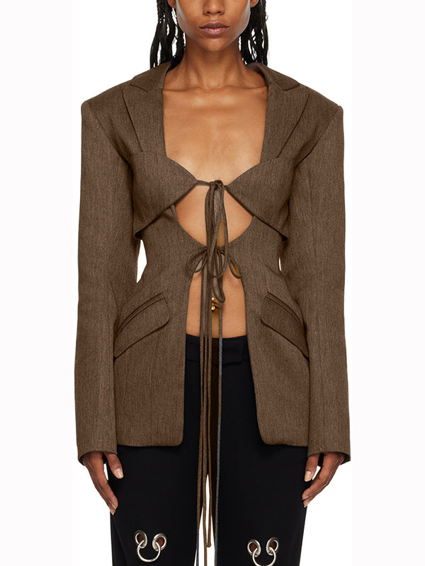 Pockets Solid Color Tied Long Sleeves Loose Notched Collar Outerwear Blazer