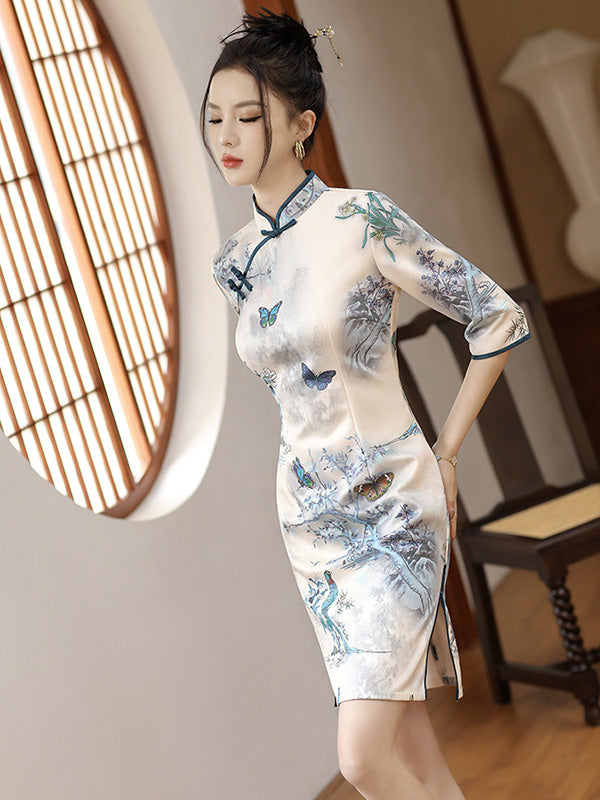 Original Half Sleeves Animal Printed Split-Side Stand Collar Short Cheongsams