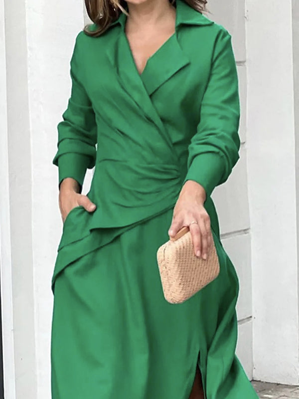 Solid Color Split-Side Loose Notched Collar Maxi Dresses