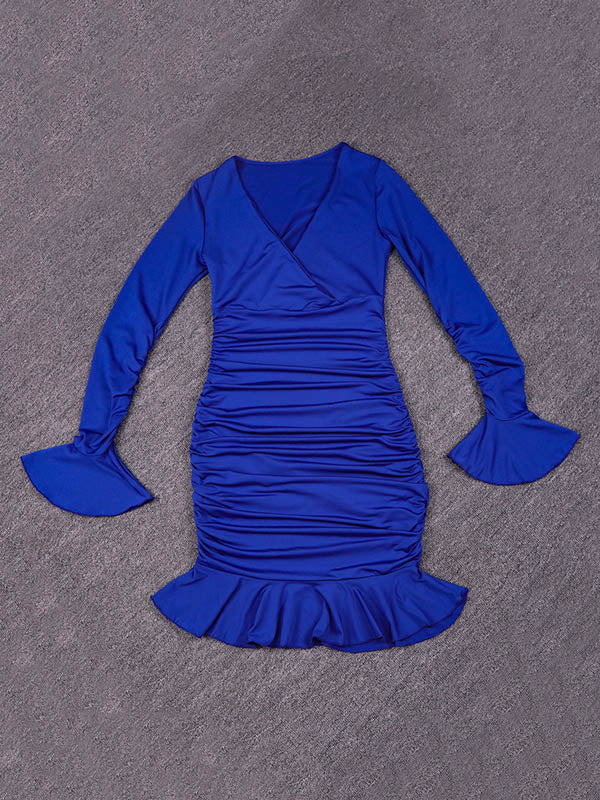Pleated Ruffled Solid Color Split-Joint Bodycon Elasticated Waist V-Neck Midi Dresses