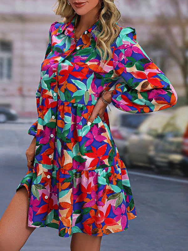 Floral Printed Pleated Printed Split-Joint Loose Puff Sleeves Lapel Mini Dresses