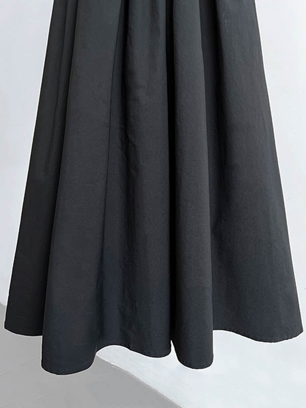 Pleated Solid Color Split-Joint A-Line Long Sleeves Midi Dresses