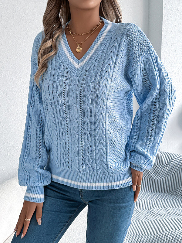 Cable Knit Contrast Color Split-Joint Long Sleeves Puff Sleeves V-Neck Sweater Tops Knit Top