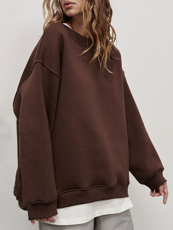 Solid Color Long Sleeves Loose Round-Neck Sweatshirt Tops