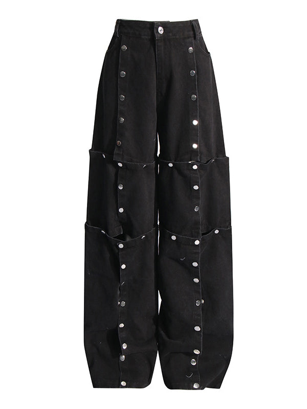 Buttoned Detachable No Belt Pockets Split-Joint High Waisted Loose Jean Pants Bottoms