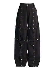 Buttoned Detachable No Belt Pockets Split-Joint High Waisted Loose Jean Pants Bottoms