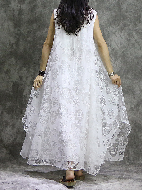 Flower Print Solid Color False Two Loose V-Neck Midi Dresses