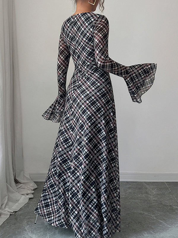 Contrast Color High-Waisted Plaid A-Line Flared Sleeves Square-Neck Maxi Dresses