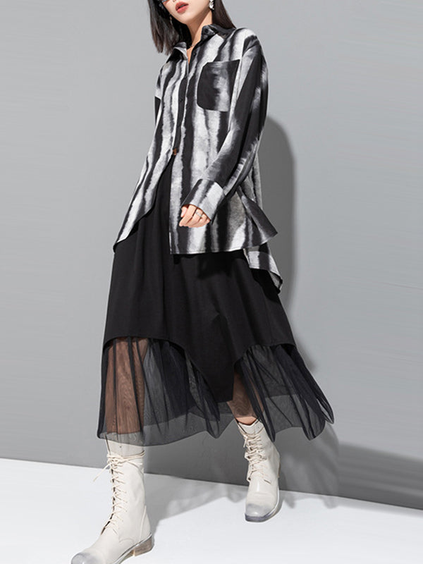 Split-back Tie-dyed Irregular clipping Long Sleeves Lapel Shirts Tops