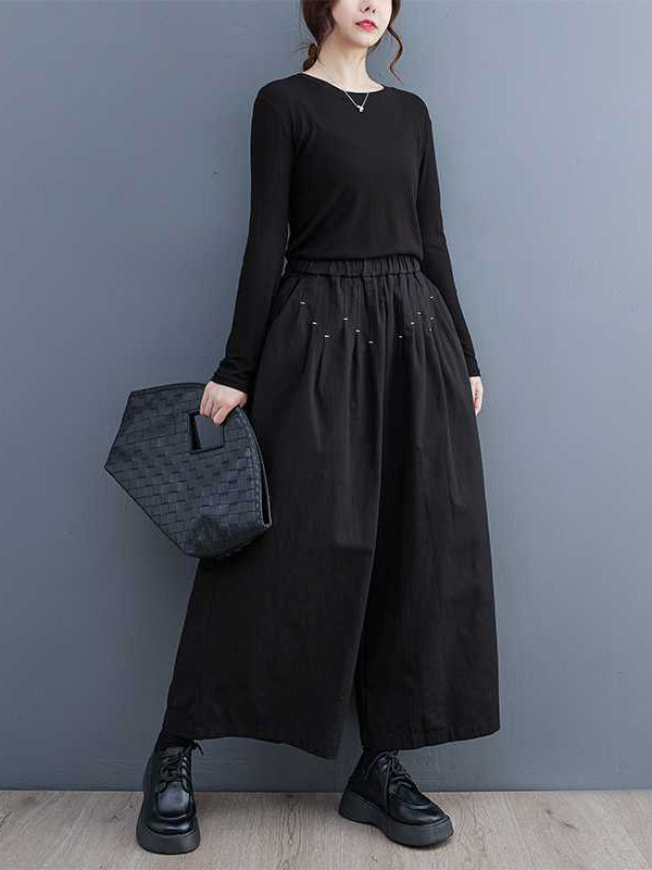 Elasticity Embroidered Pleated Loose Wide Leg Trousers Ninth Pants