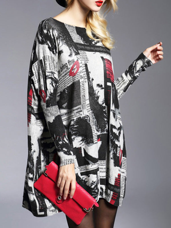 Letter Print Printed Long Sleeves Loose Round-Neck Sweater Tops Pullovers Knitwear