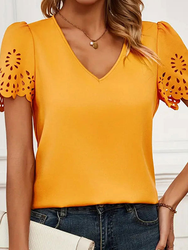 Hollow Solid Color Split-Joint Loose Short Sleeves V-Neck T-Shirts Tops