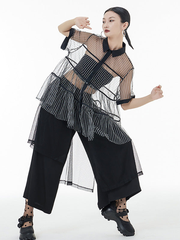 Original Short Sleeves Loose Buttoned Mesh Pleated Solid Color Blouses&Shirts Tops