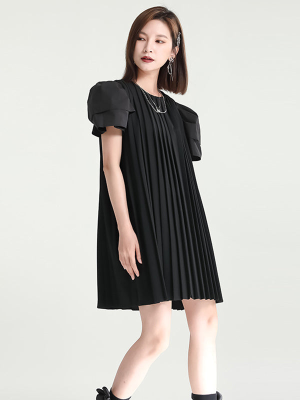 Urban Puff Sleeves Split-Joint Black Pleated Mini Dress