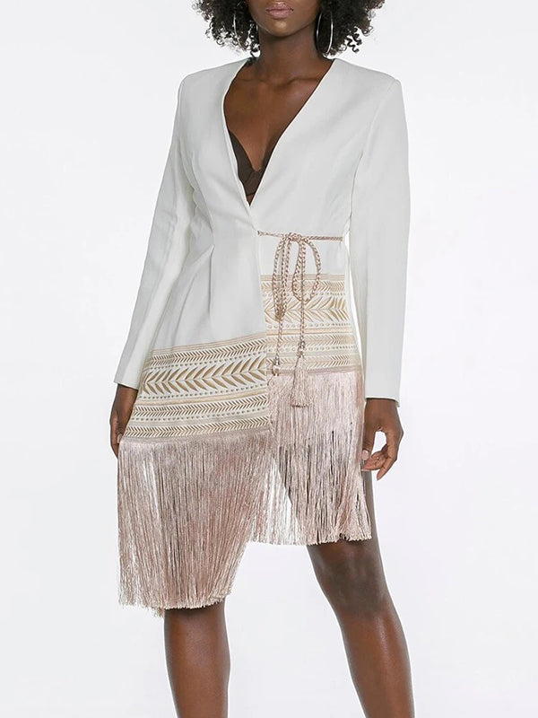 Asymmetric Embroidered Split-Joint Tasseled Tied Long Sleeves Loose V-Neck Outerwear Blazer
