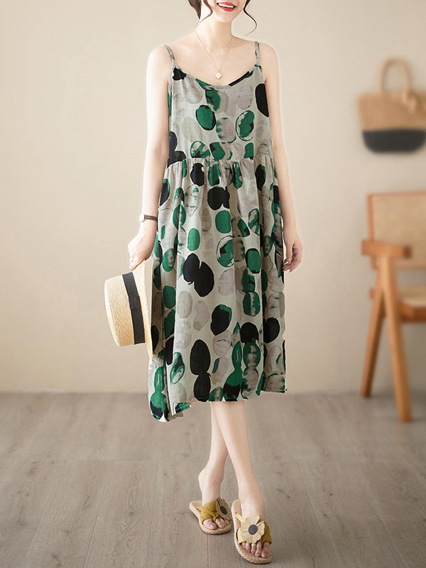 Pleated Printed Split-Joint Loose Sleeveless Spaghetti-Neck Midi Dresses