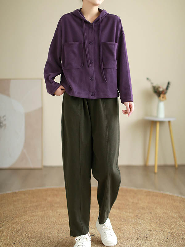 Buttoned Drawstring Pockets Solid Color Hooded Long Sleeves Outerwear
