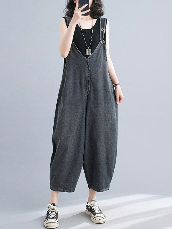 Buttoned Cropped Loose Denim Overalls
