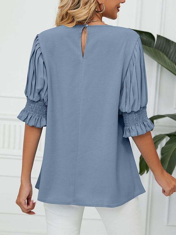 Pleated Solid Color Loose Puff Sleeves Round-Neck T-Shirts Tops