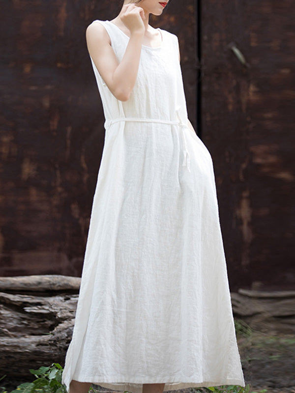 Drawstring Solid Color Split-Joint Tied Waist Loose Sleeveless Round-Neck Midi Dresses